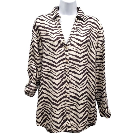 Tahari Linen Zebra Print Button Up Roll Tab Sleeve Office Sahari Boho Size S - Picture 2 of 12